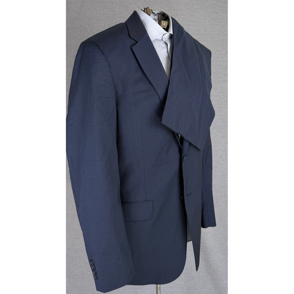 Jos A Bank Travelers Collection Suit Mens 43L 33x32 Navy Blue Pinstripe Wool 2pc